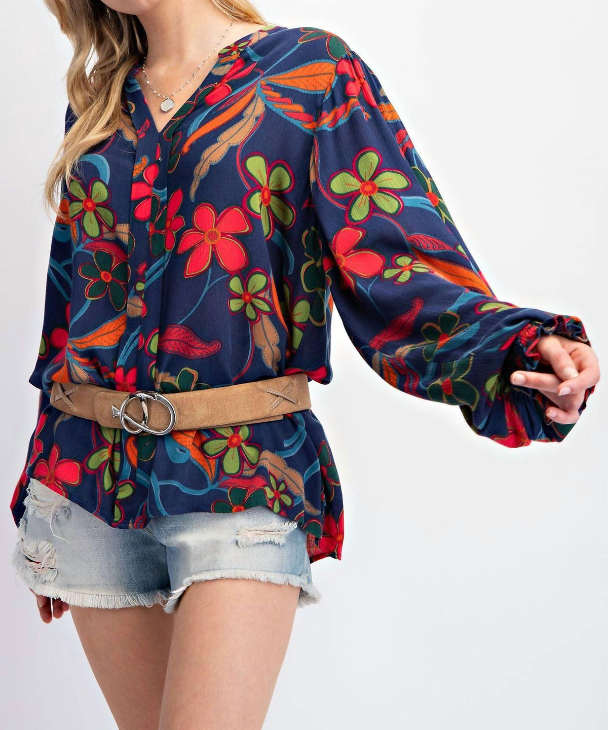 Easel Peach Blossom Floral Gauze Top - Plus in navy - women's blouse - detail view