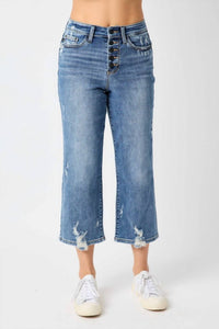 Judy Blue - High Waist Destroy Button Fly Wide Leg Crop Jeans