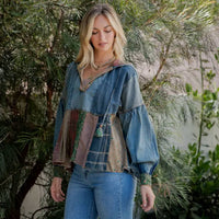 Young Threads - Denim Hoodie With Eclectic Plaid Fusion