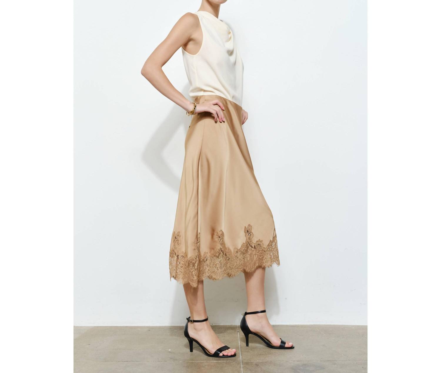 INA Fashion Classic Silky With Lace Hem Midi Skirt in gold - women's skirt - view 5