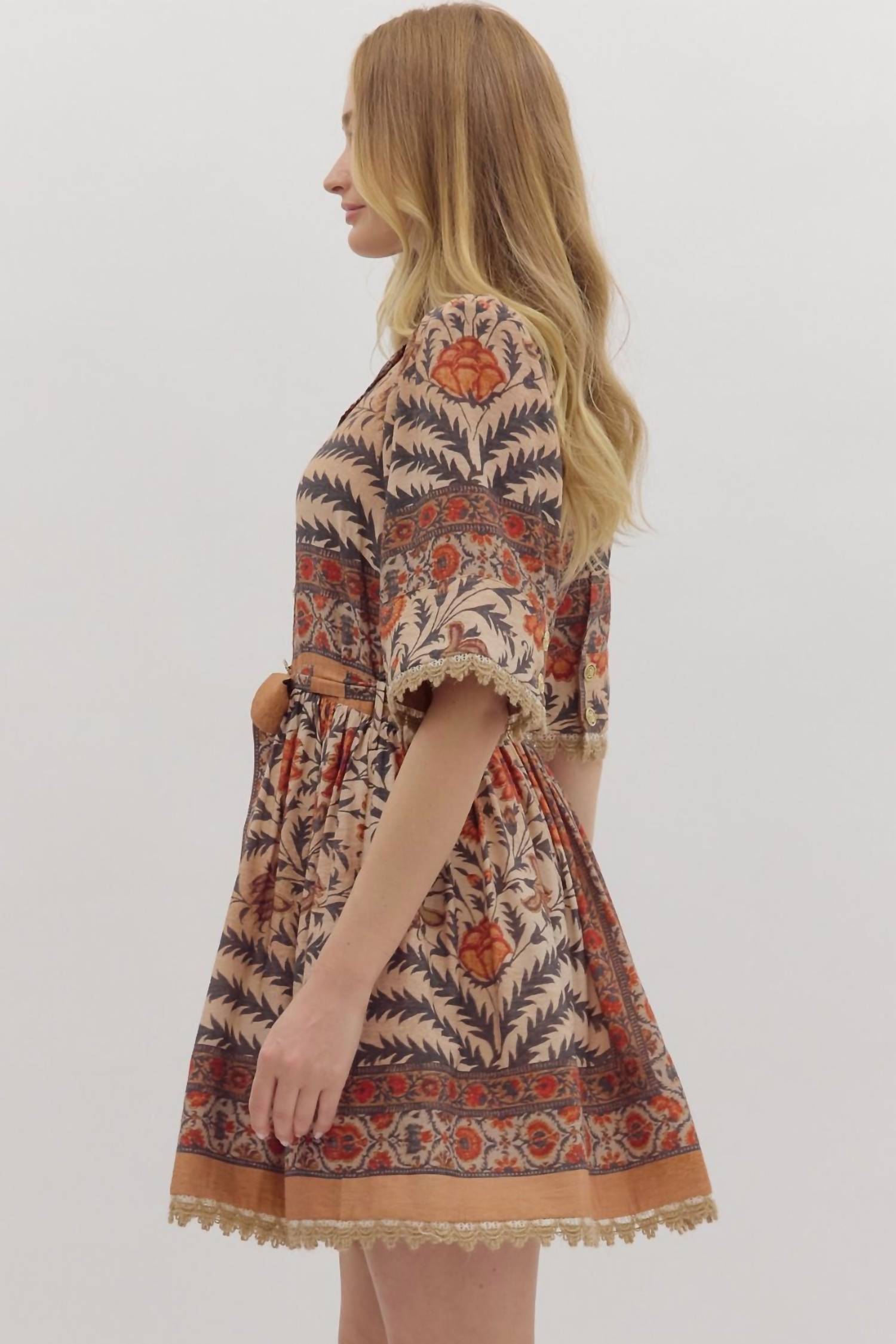 entro Botanical Puff Sleeve Mini Dress in charcoal - women's dress - alternate view