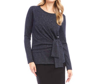 Karen Kane Long Sleeve Metallic Knit Side-Tie Top in navy - women's long sleeve top