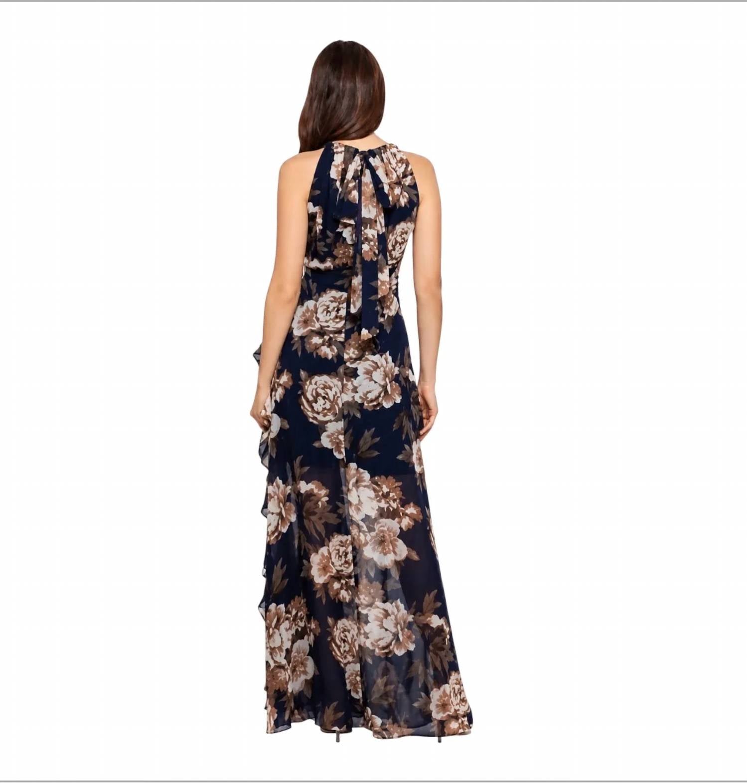 Betsy & Adam - Petite Floral Chiffon Ruffle Gown
