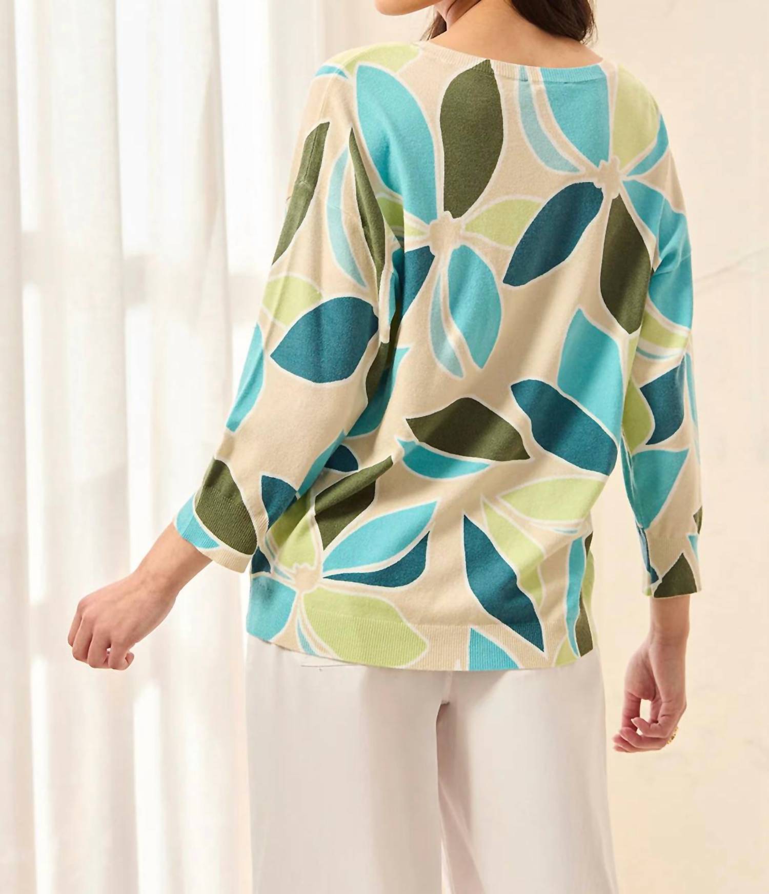 TRIBAL Three Quarter Sleeve Crewneck Sweater in aqua sky - women's sweater - detail view