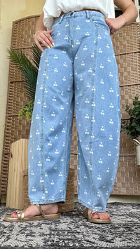Peach Love - Cherry Print Washed Denim Gypsy Fit Pants