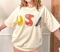 Listicle USA Patch Short Sleeve Sweatshirt in ivory - women's top