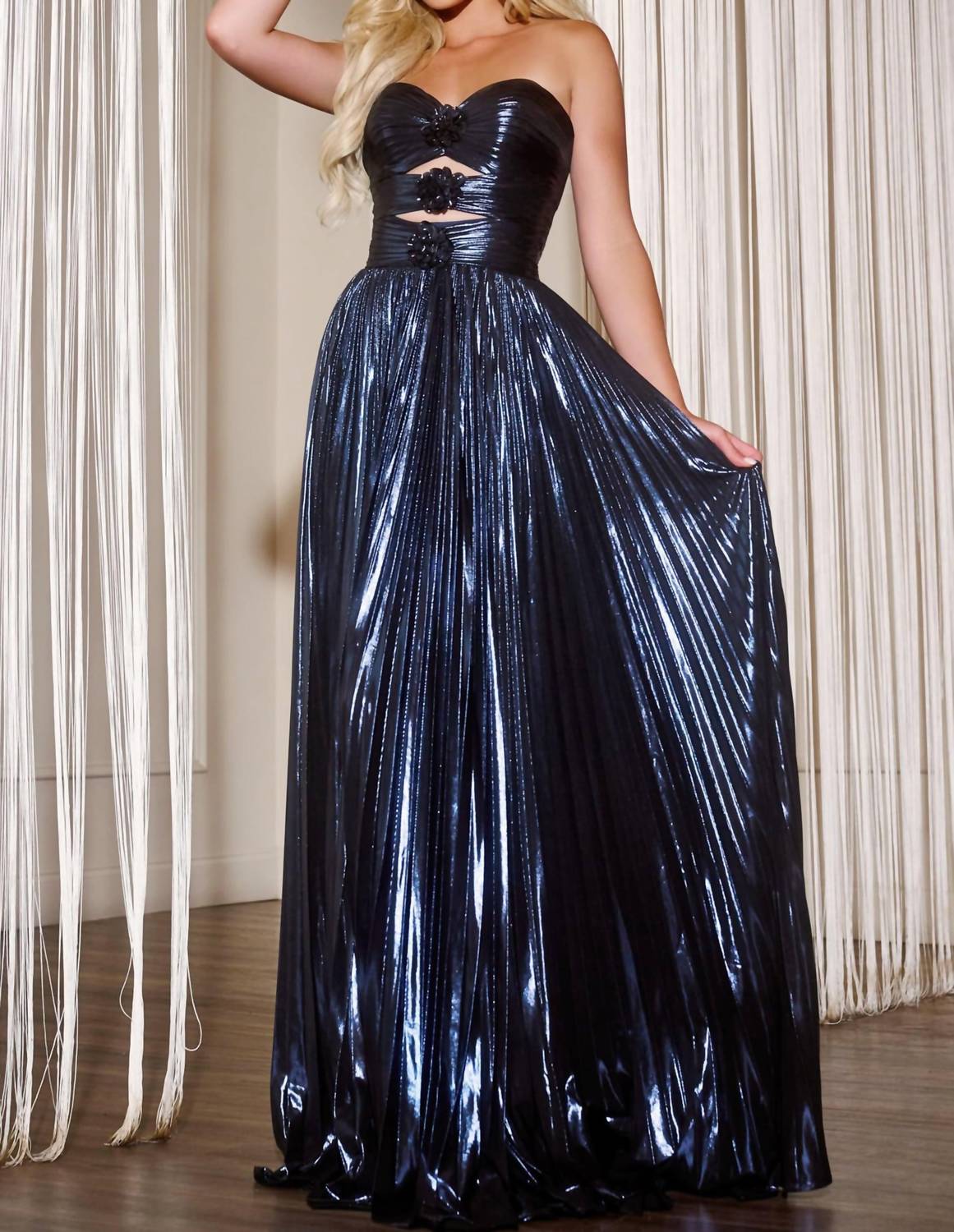 JOVANI Glamorous Strapless Gown With Floral Accents And Cutout Detail in navy - women's dress
