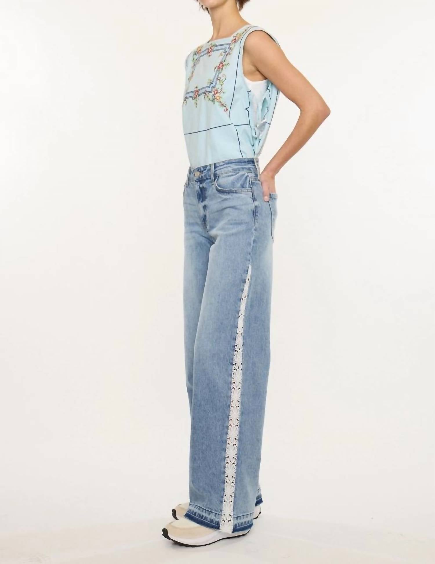 Kancan - High Rise Lace Trim Wide Leg Jean