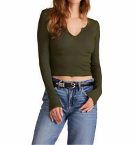Bobi - Split V Neck Long Sleeve Crop Tee