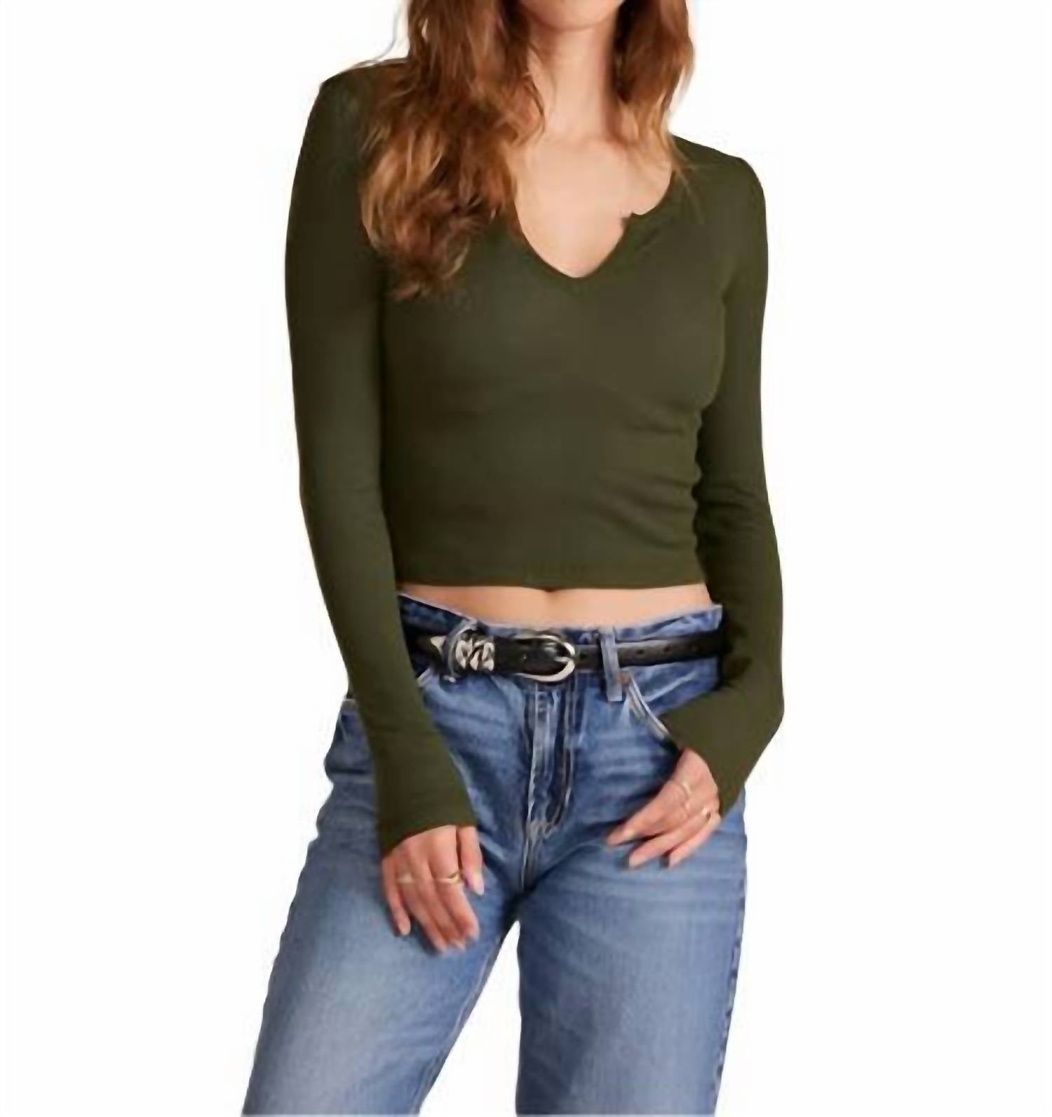 Bobi - Split V Neck Long Sleeve Crop Tee