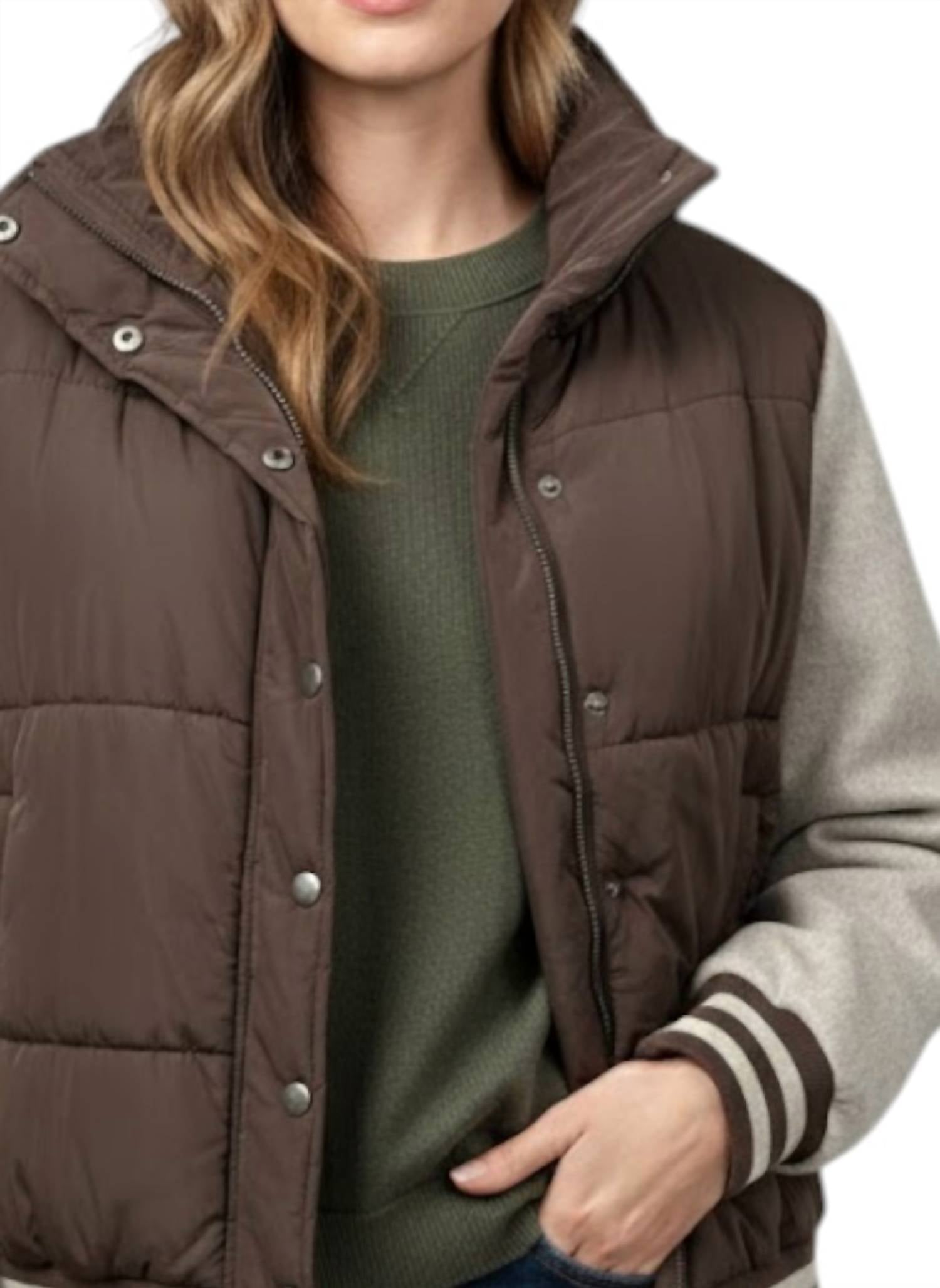 Mystree - Mixed Media Snap Button Puffer Jacket