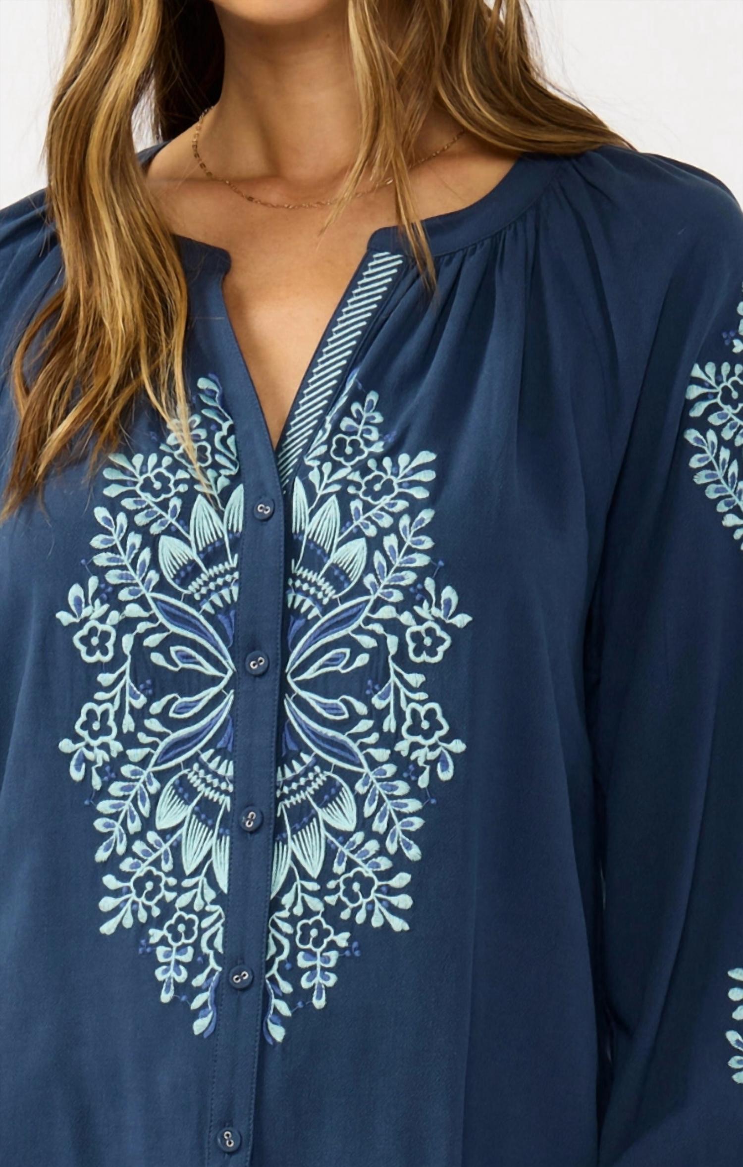 Mint - Sky Blooms Embroidered Raglan Button Blouse