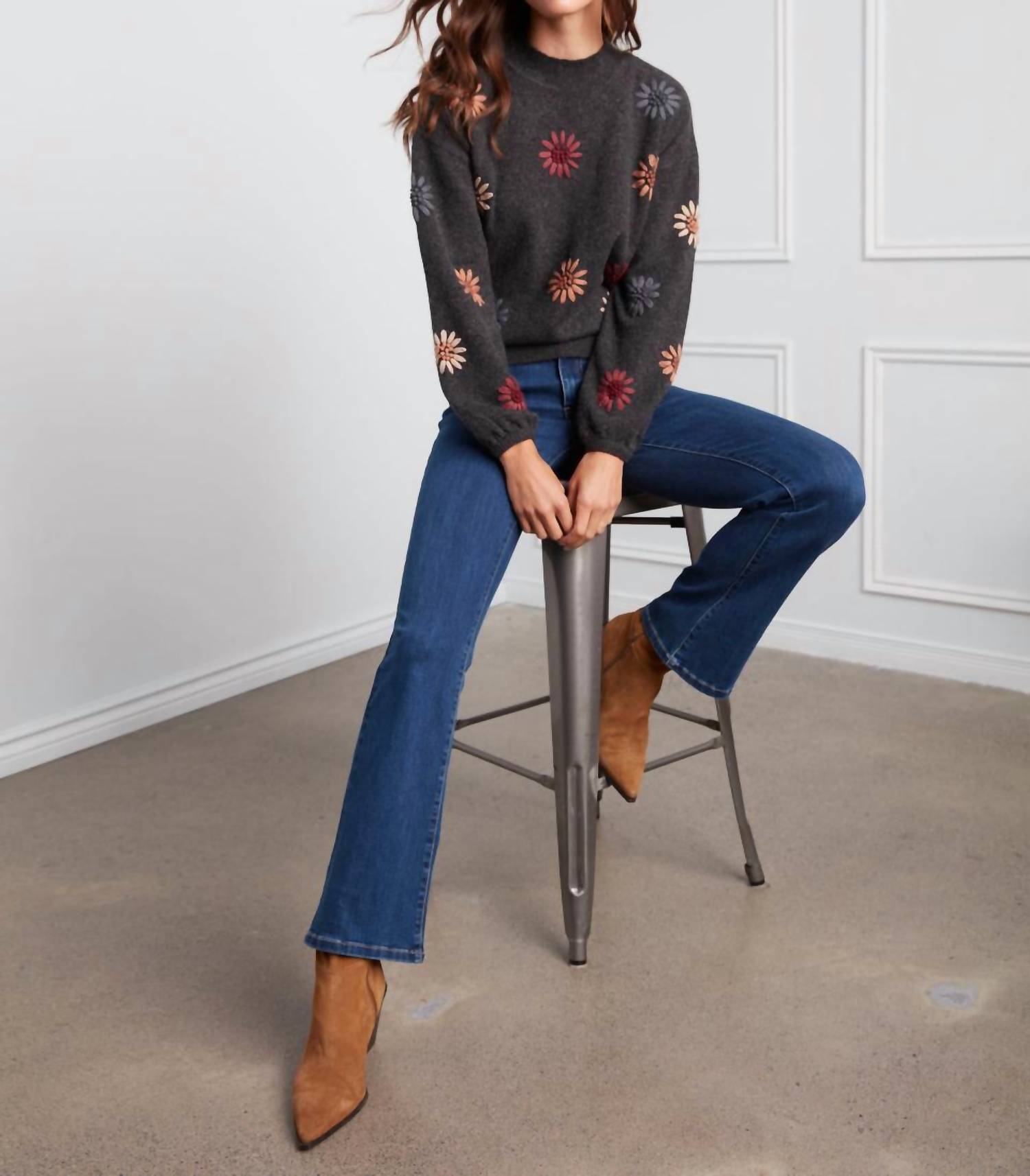 Charlie B - Mock Neck Sweater With Floral Embroidery