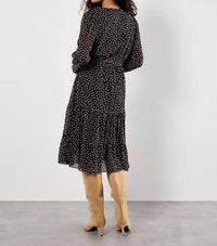 Apricot - Polka Dot Chiffon Wrap Long Sleeve Dress