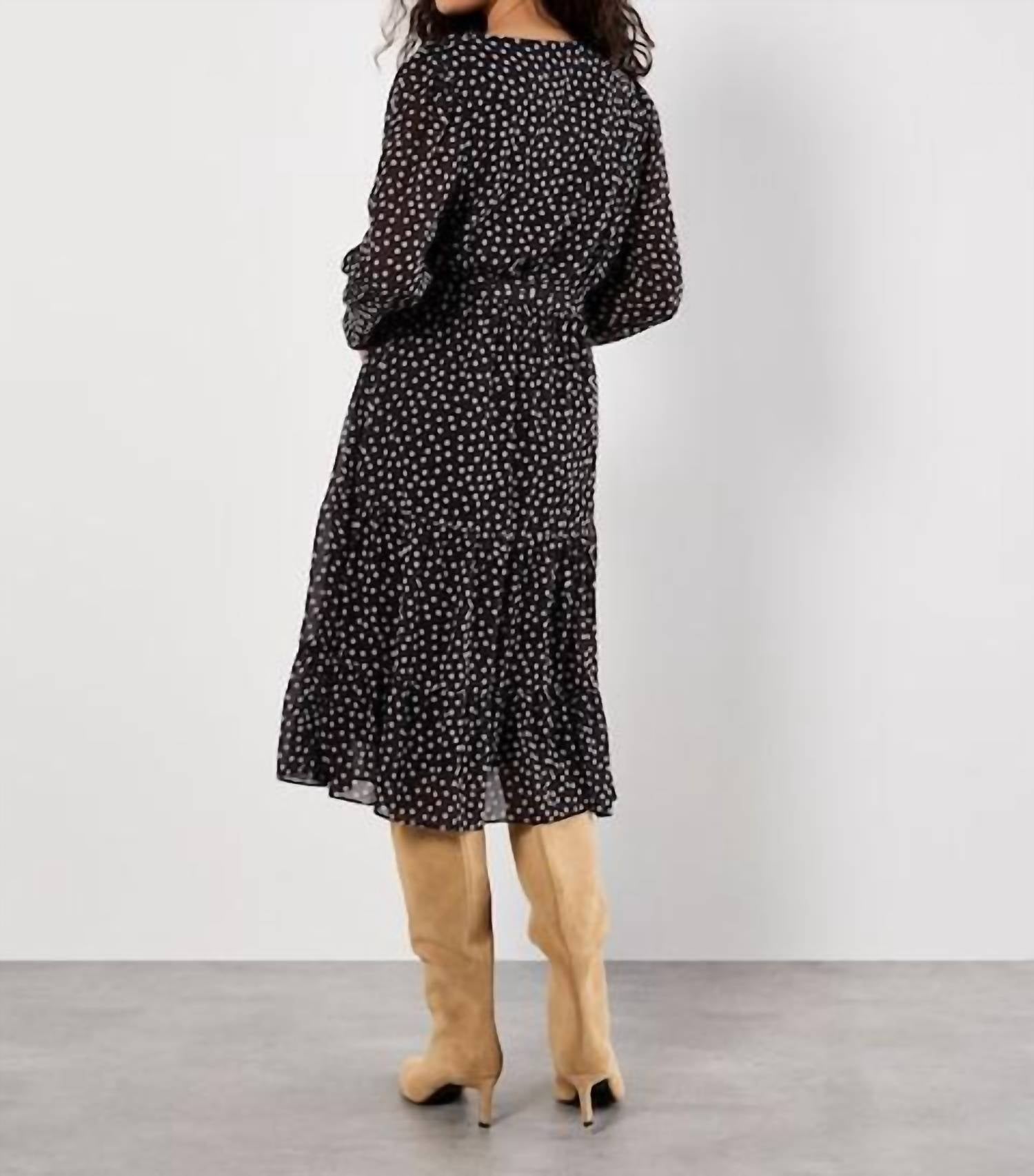 Apricot - Polka Dot Chiffon Wrap Long Sleeve Dress