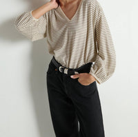 Nation LTD Savanna Shirred Top in espresso pinstripe - women's long sleeve top - alternate view