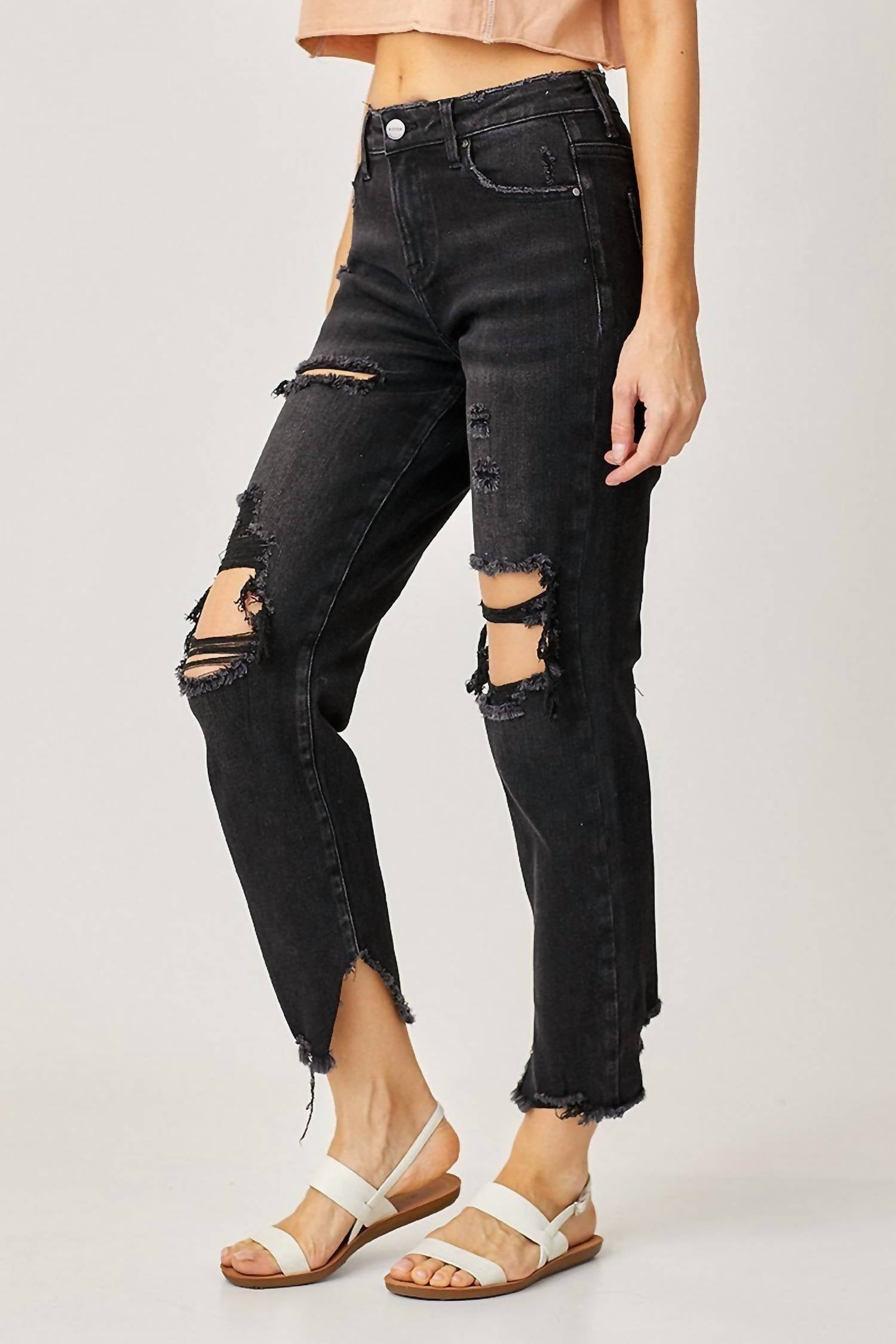 RISEN Mid-rise Crop Tapered Boyfriend Jeans in black - women's jeans - alternate view