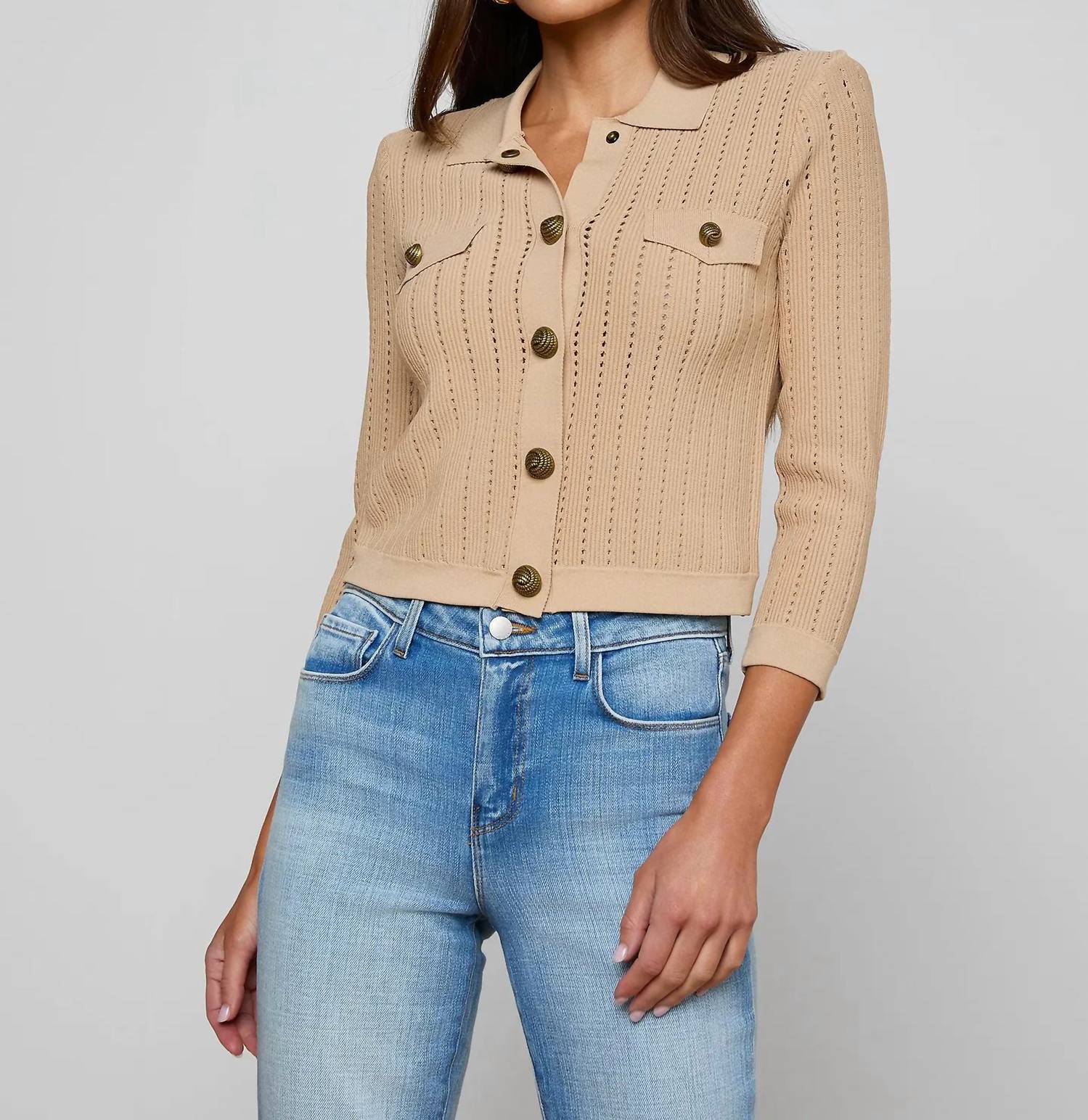 L'Agence - Collared Pointelle Knit Cardigan