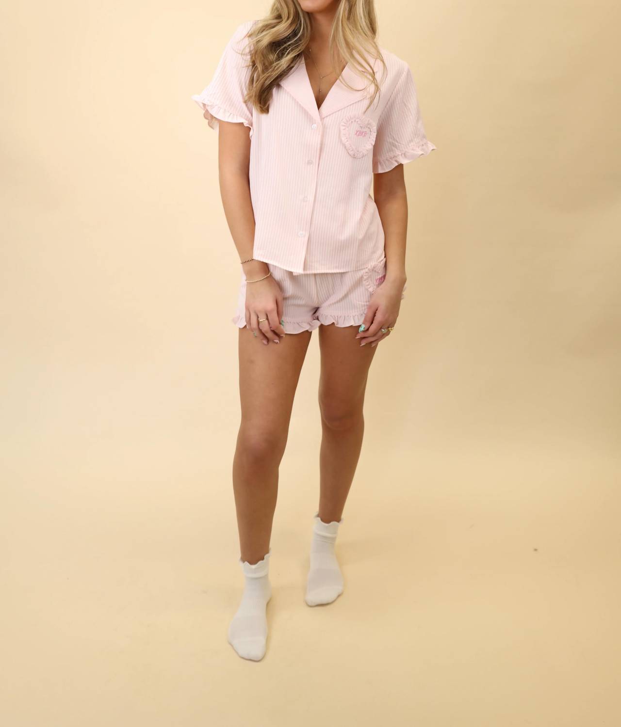 Peach Love - Women's Pinstripe Ruffle Shorty Pajamas Set