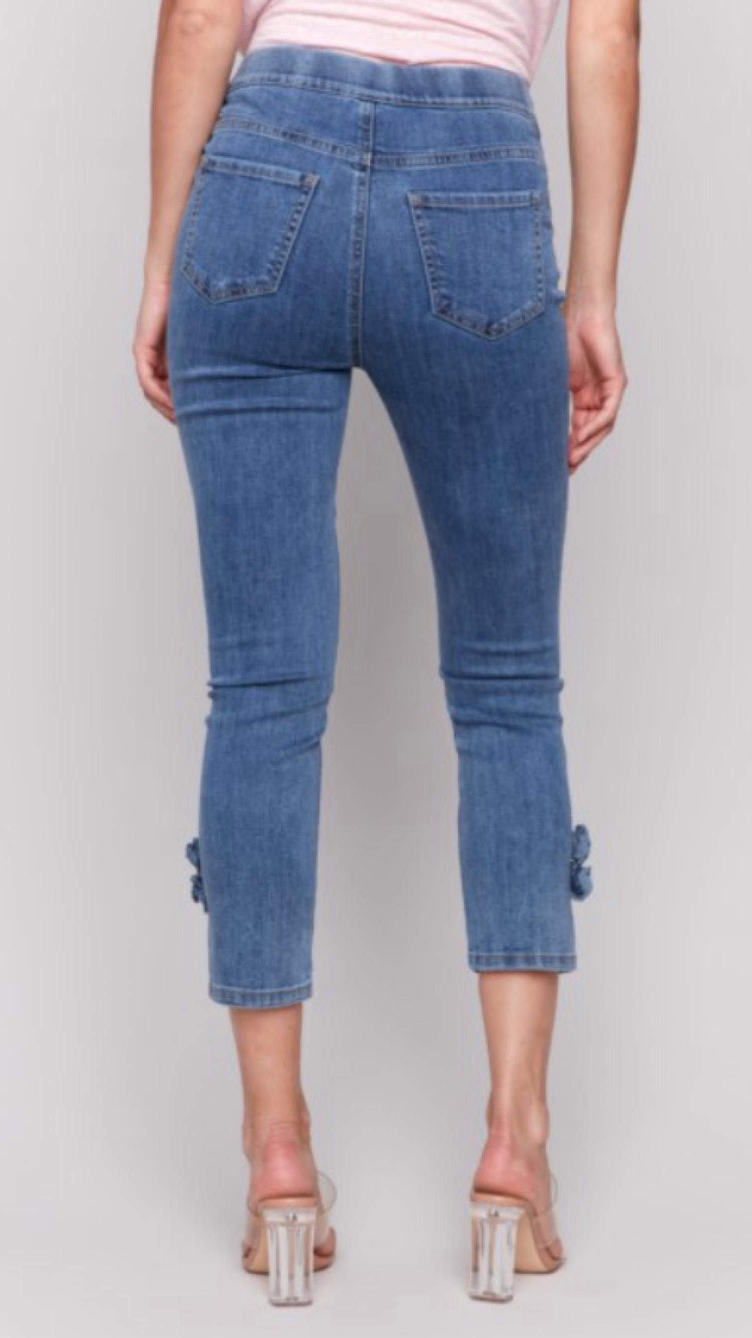 CHARLIE B Side Flower Crop Pants in medium blue - women's pants - alternate view