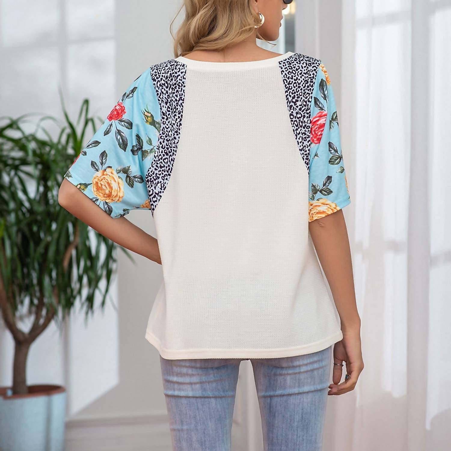 C+D+M - Waffle Floral/leopard Sleeve Top
