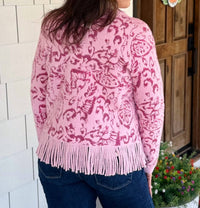 Fate The Evelyn Fringe Cardigan in pink paisley - women's cardigan - detail view