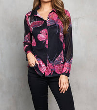 Paparazzi - Mesh Butterfly Print Button Front Lined Shirt