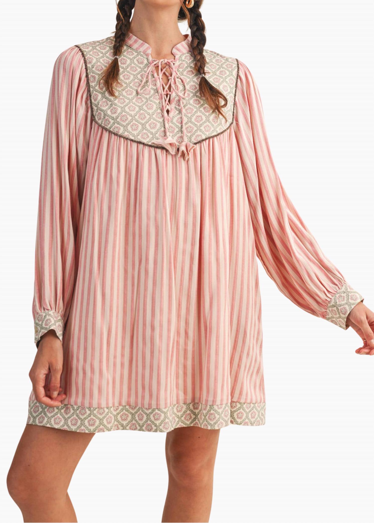 &merci Lou Striped Mini Dress in rose pink stripe - women's dress