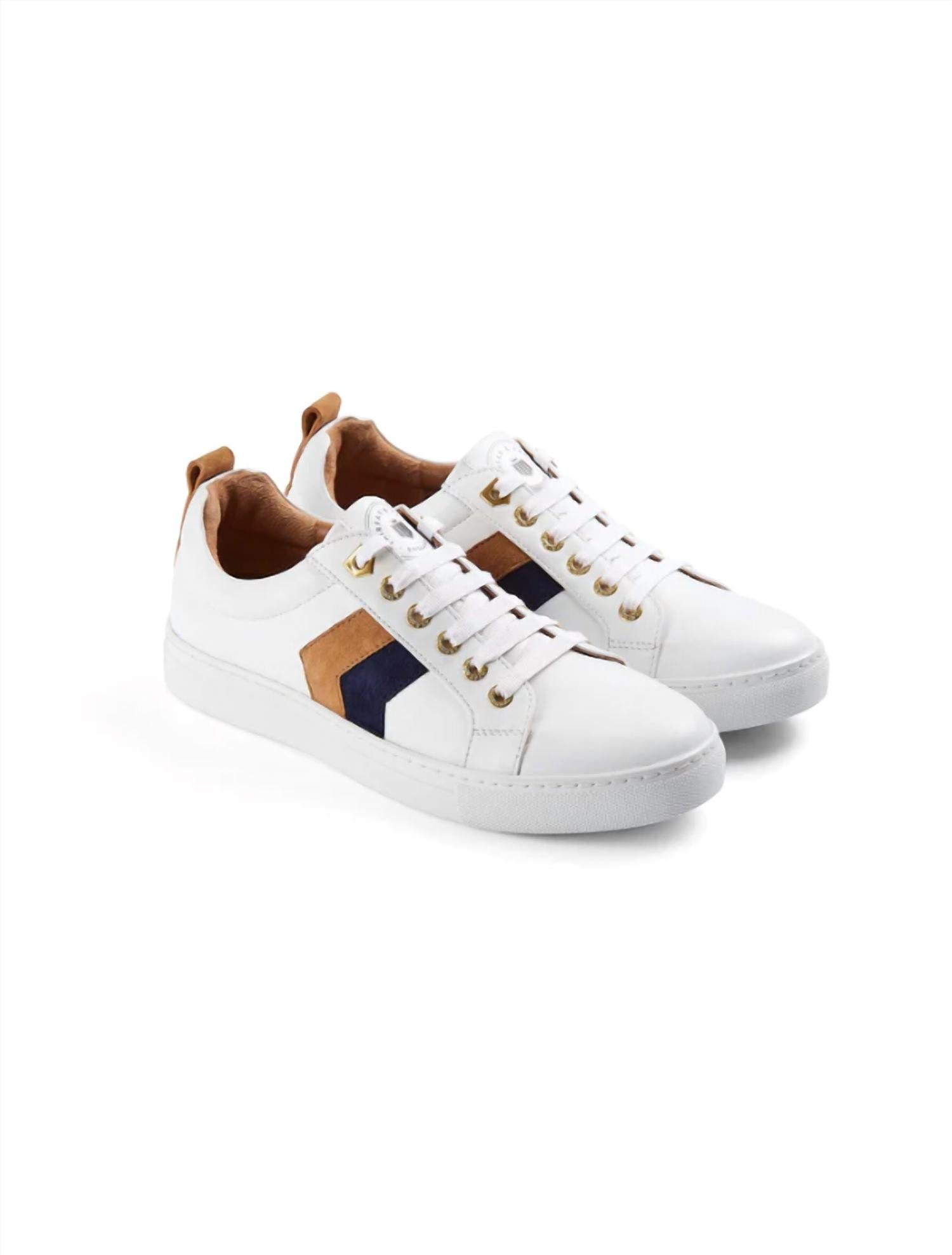 Fairfax & Favor Women Alexandra Trainer Shoes in tan navy - women's sneaker - detail view
