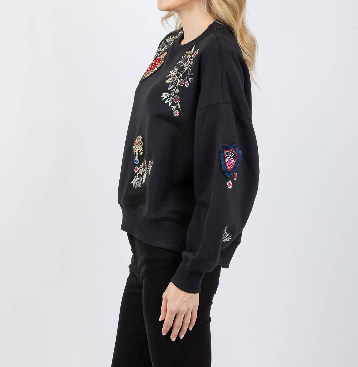 cinq a sept Heritage Patch Brandy Pullover Sweater in black multi - women's sweater - alternate view