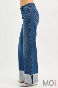 RISEN Slouchy Wide Leg Jeans With Cuffed Hem in dark wash - women's jeans - detail view
