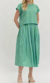 entro Preppy Stripe Top And Midi Skirt Set in green - women's blouse