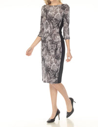 Joseph Ribkoff Snakeskin Waist Tie Sheath Midi Dress in grey black - women's dress - detail view