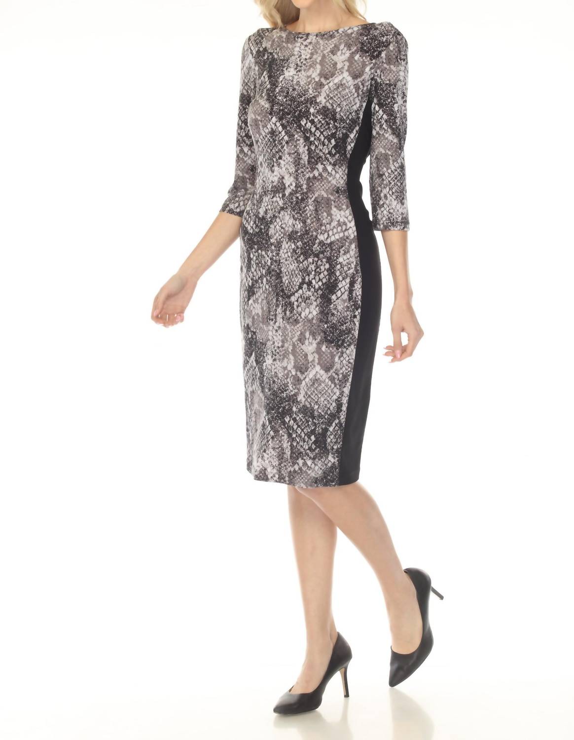 Joseph Ribkoff Snakeskin Waist Tie Sheath Midi Dress in grey black - women's dress - detail view