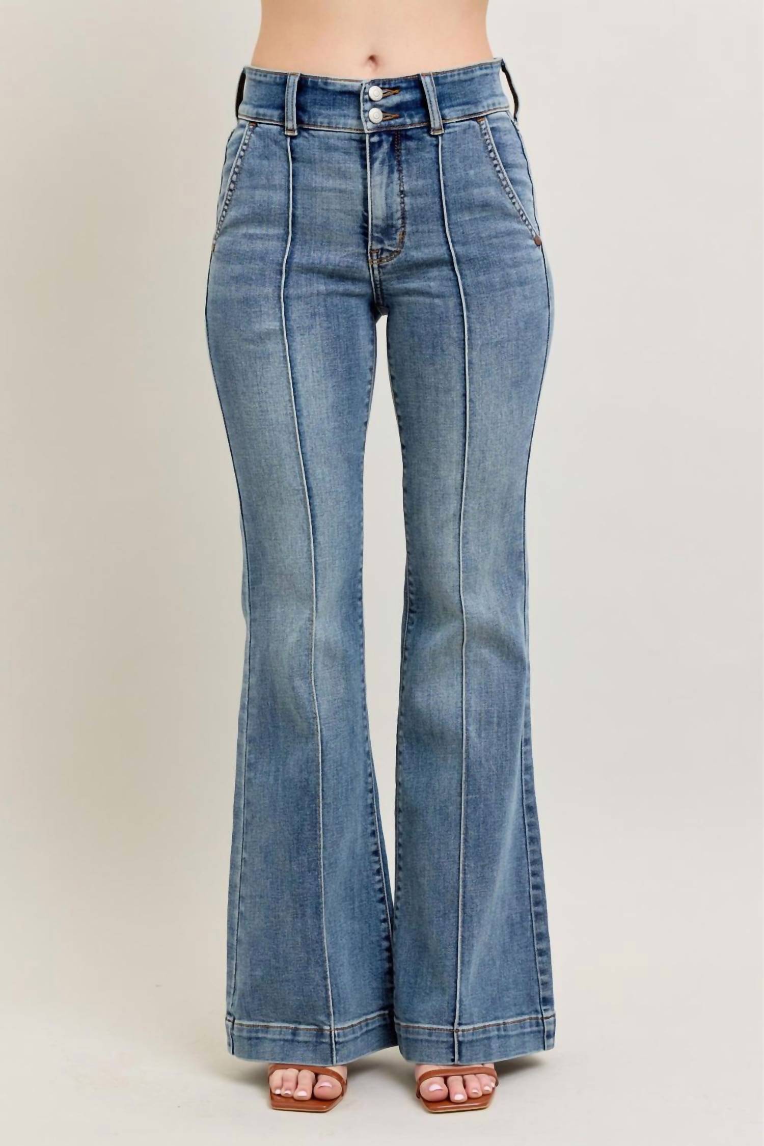 Judy Blue High Waist Double Button Trouser Flare Jeans in medium blue - women's jeans