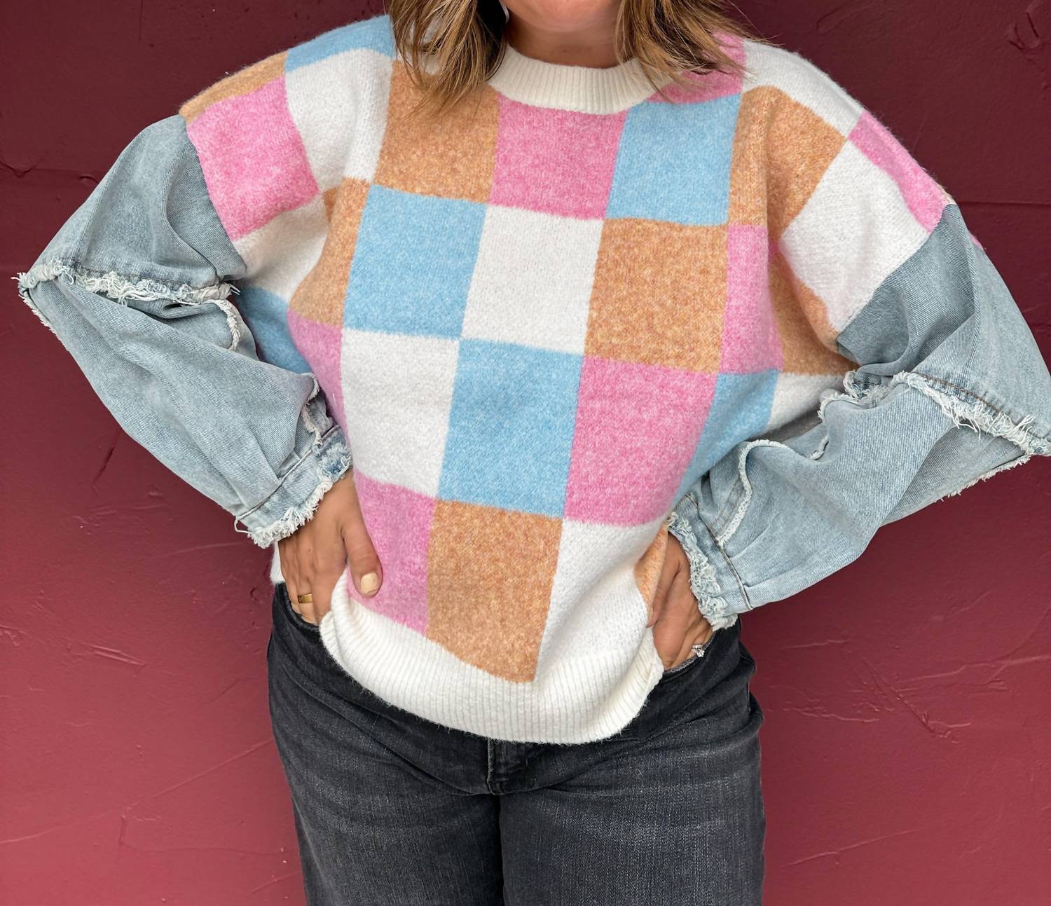 Urban Daizy - Color Block Checkered Sweater with Denim Sleeves