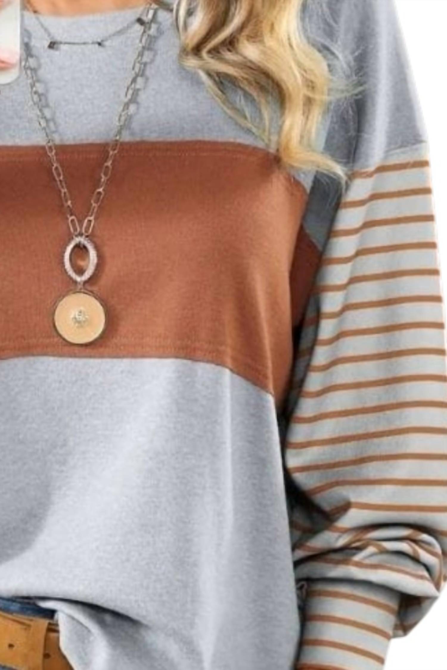 1 The Woman Colorblock Striped Bishop Sleeve Top in grey brown - women's top - detail view