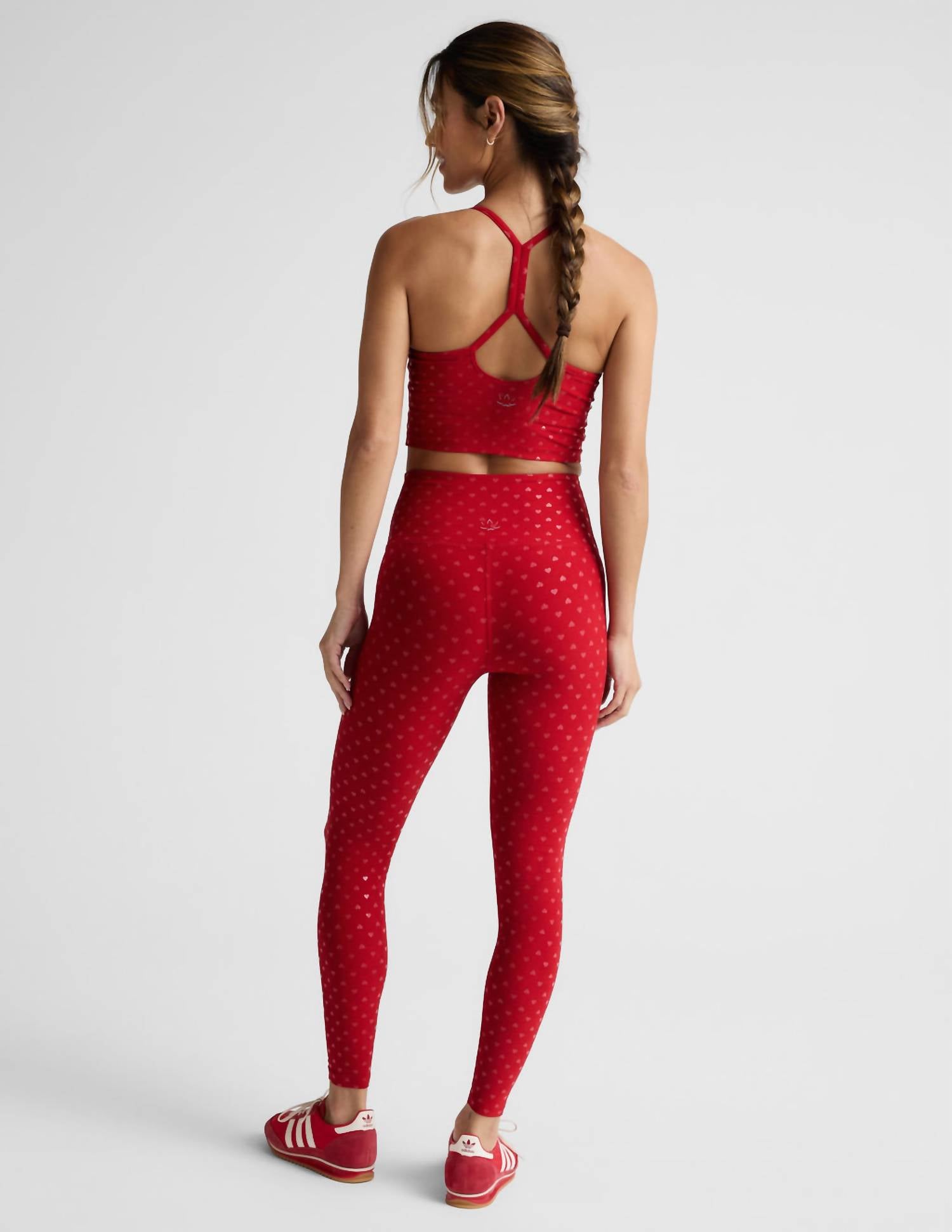BEYOND YOGA Softshine High Waisted Midi Legging in holly red ditsy hearts - women's pants - detail view