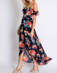 Davi & Dani - Floral Print Ruffle Cold Shoulder Tulip Dress