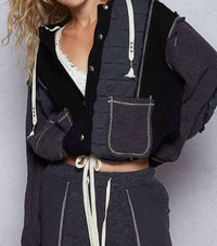 POL Hooded Button Down Combo Shacket in charcoal black - women's jacket - detail view