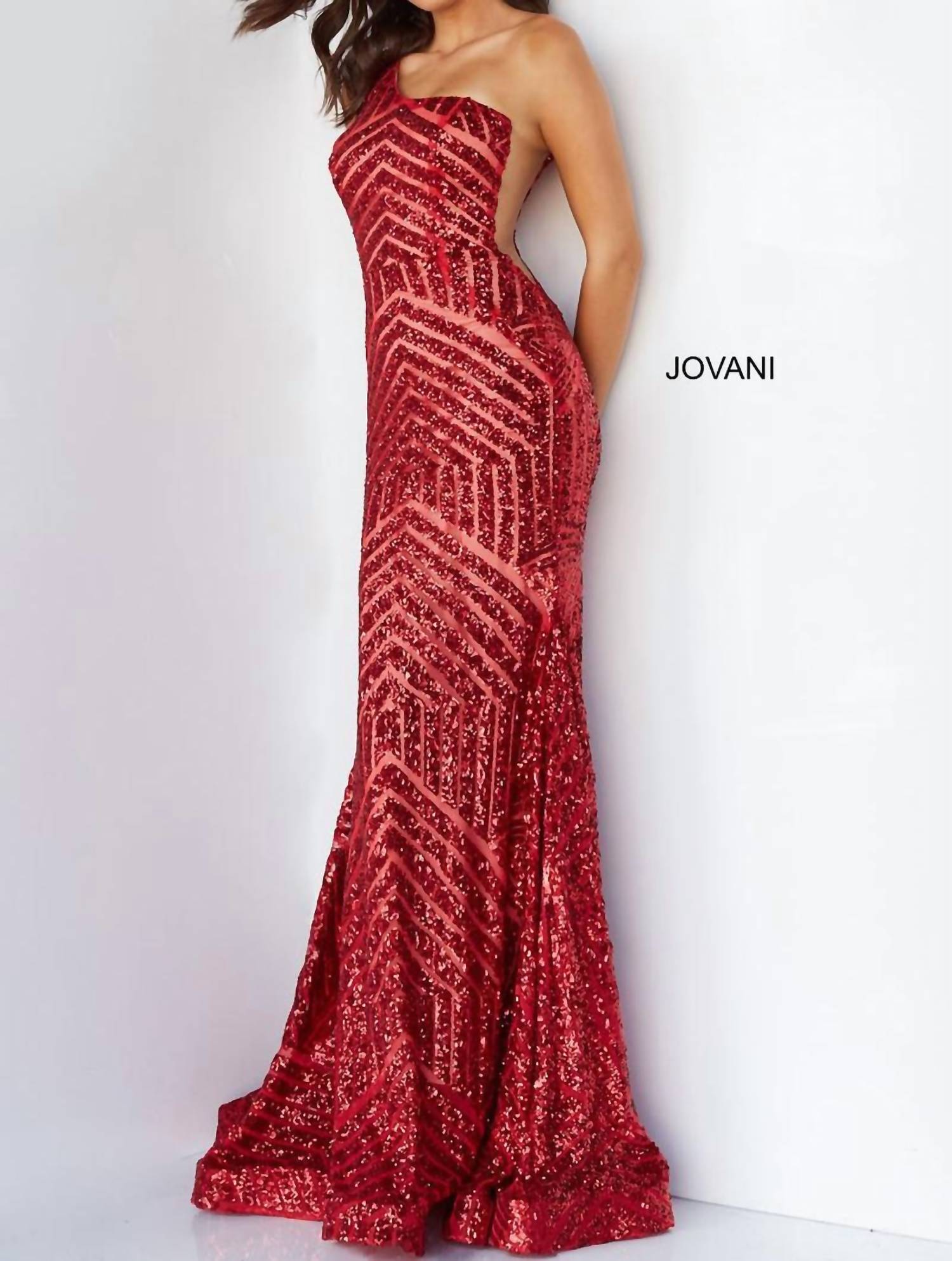 JOVANI One Shoulder Beaded Dress in blush nude - women's dress - detail view