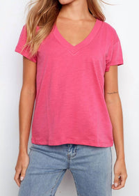 CHARLIE B Organic Cotton Drop Shoulder V-neck T-shirt in fuchsia - women's t-shirt