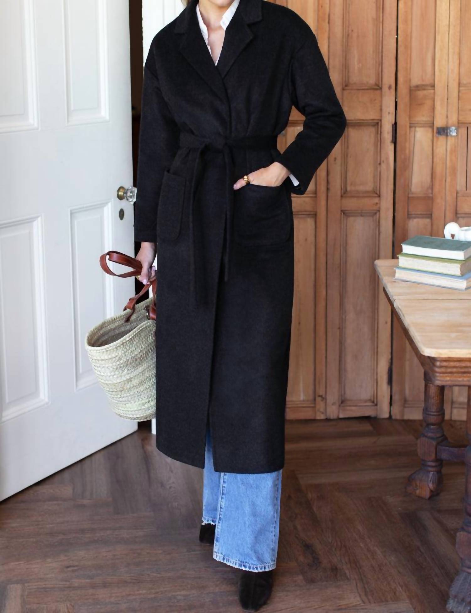 EMERSON FRY Drop Shoulder Long Coat in charcoal - women's jacket - detail view