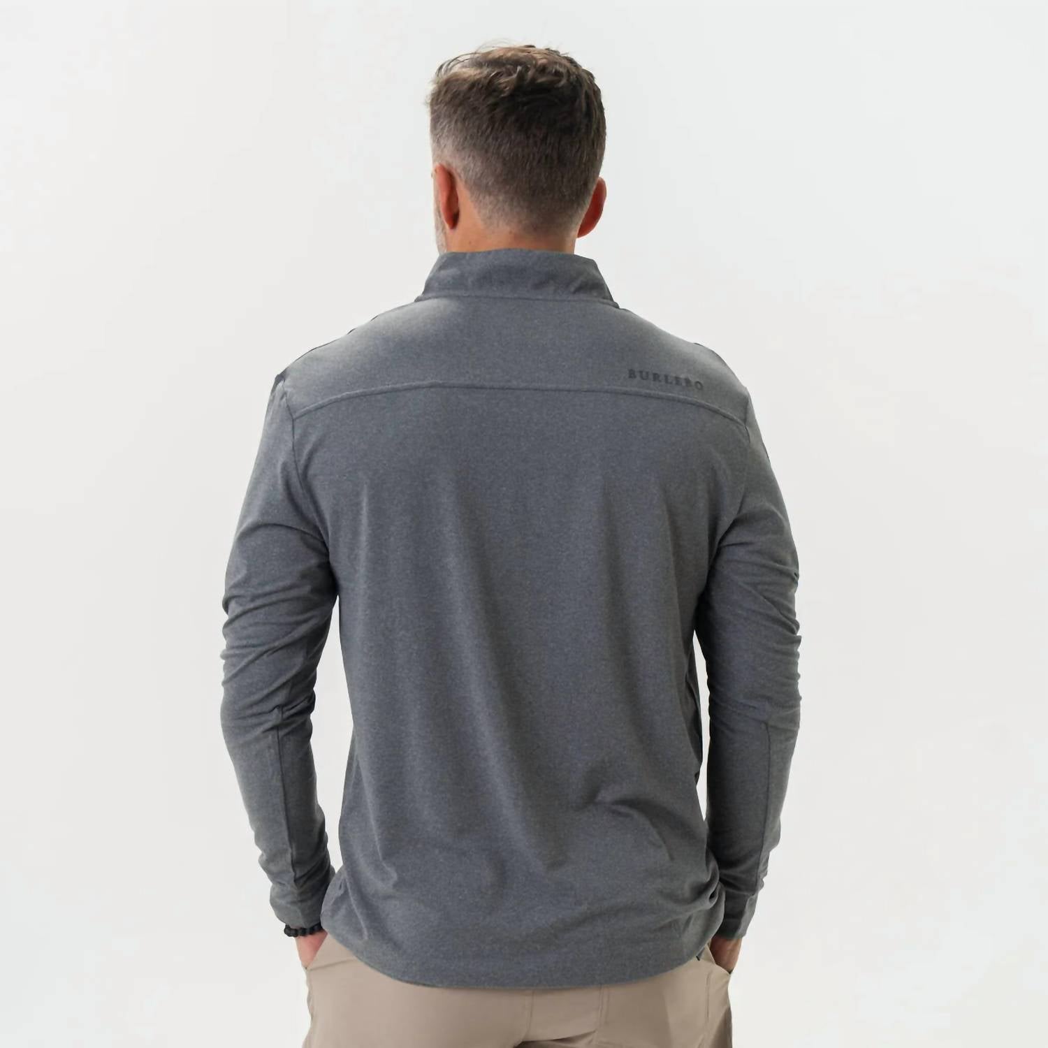 BURLEBO Performance Quarter Zip Sweater in dark heather grey - men's sweater - detail view