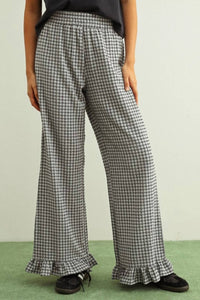 MIOU MUSE Crinkled Gingham Printed Pants With Ruffle Hem in black - women's pants - detail view