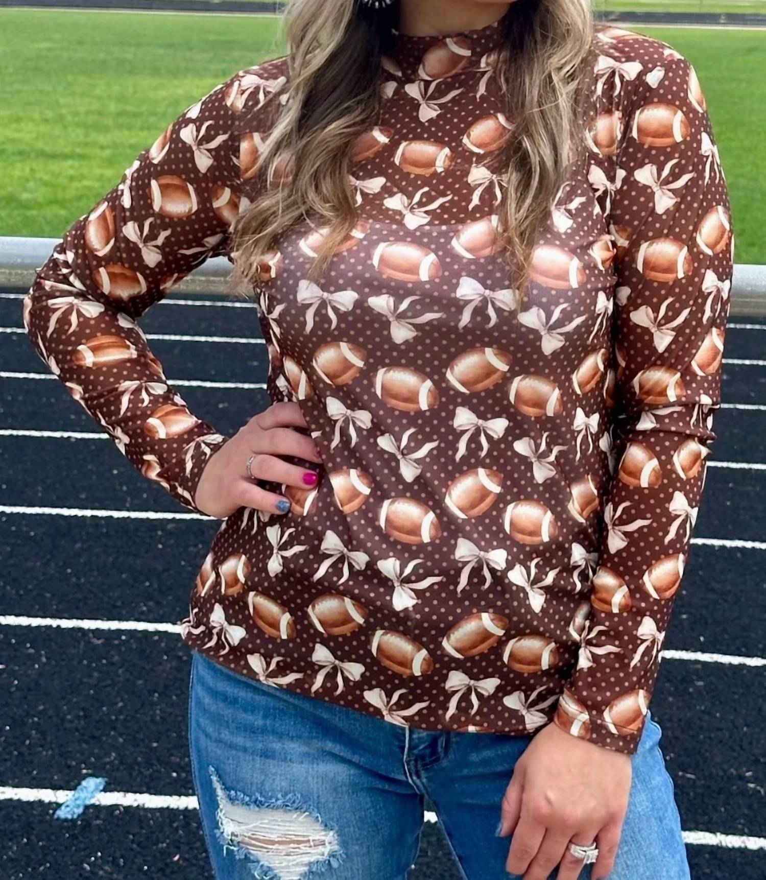 1 The Woman - Football & Bow Mesh Long Sleeve Top