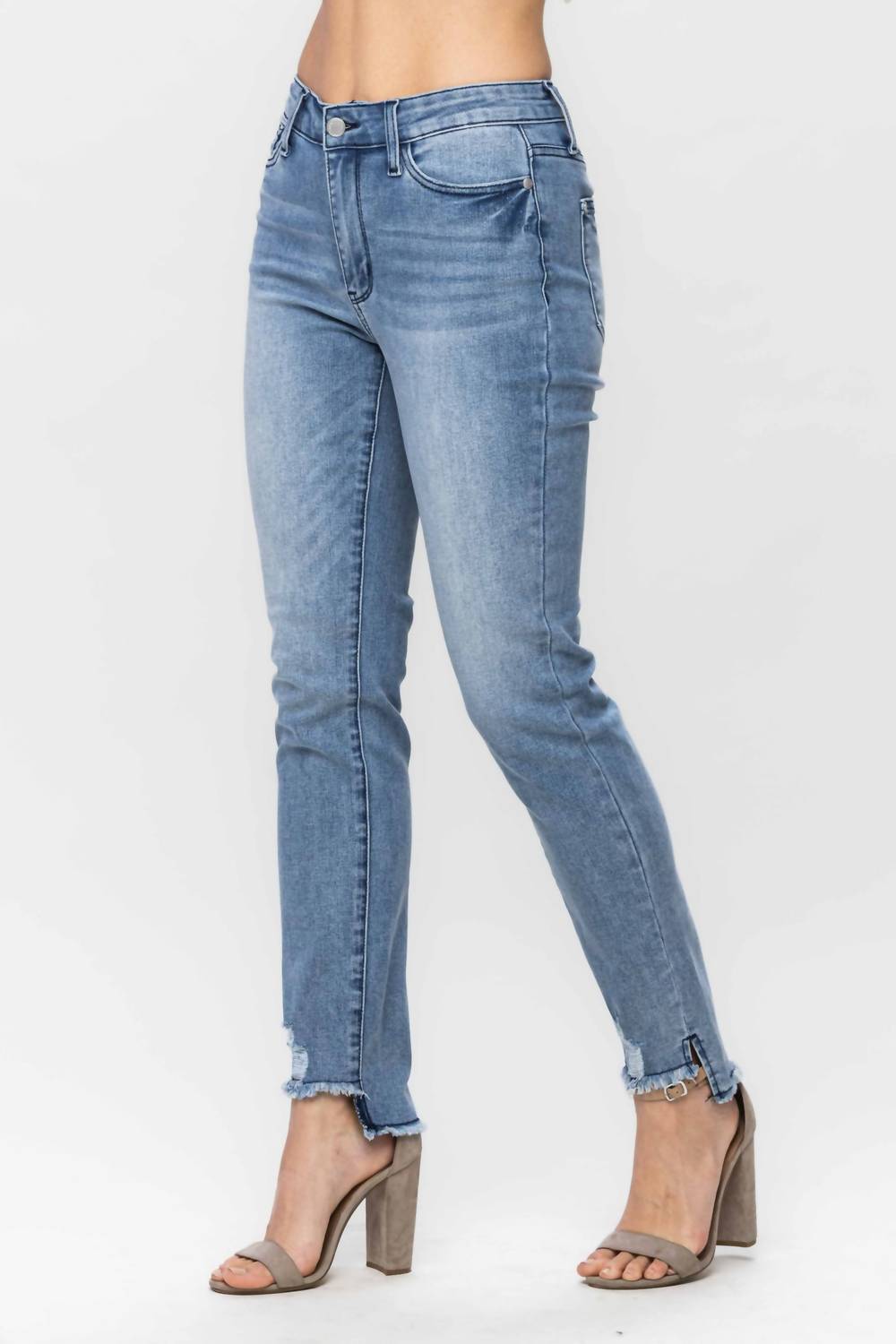 Judy Blue Mid Rise Cool Denim Sustainable Relaxed Fit in blue - women's jeans - detail view