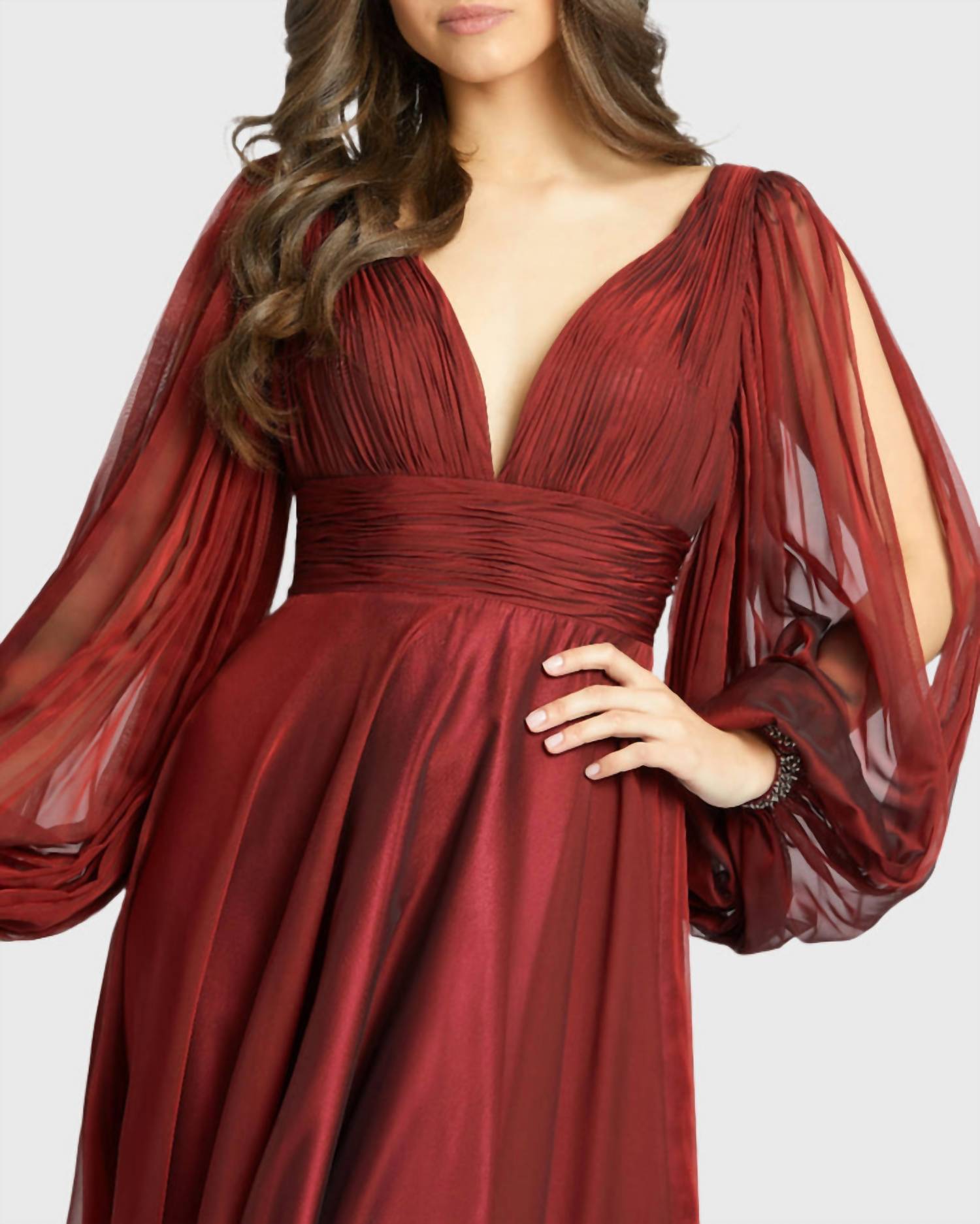 Mac Duggal - V-neck A-line Chiffon Gown Beaded Cuffs