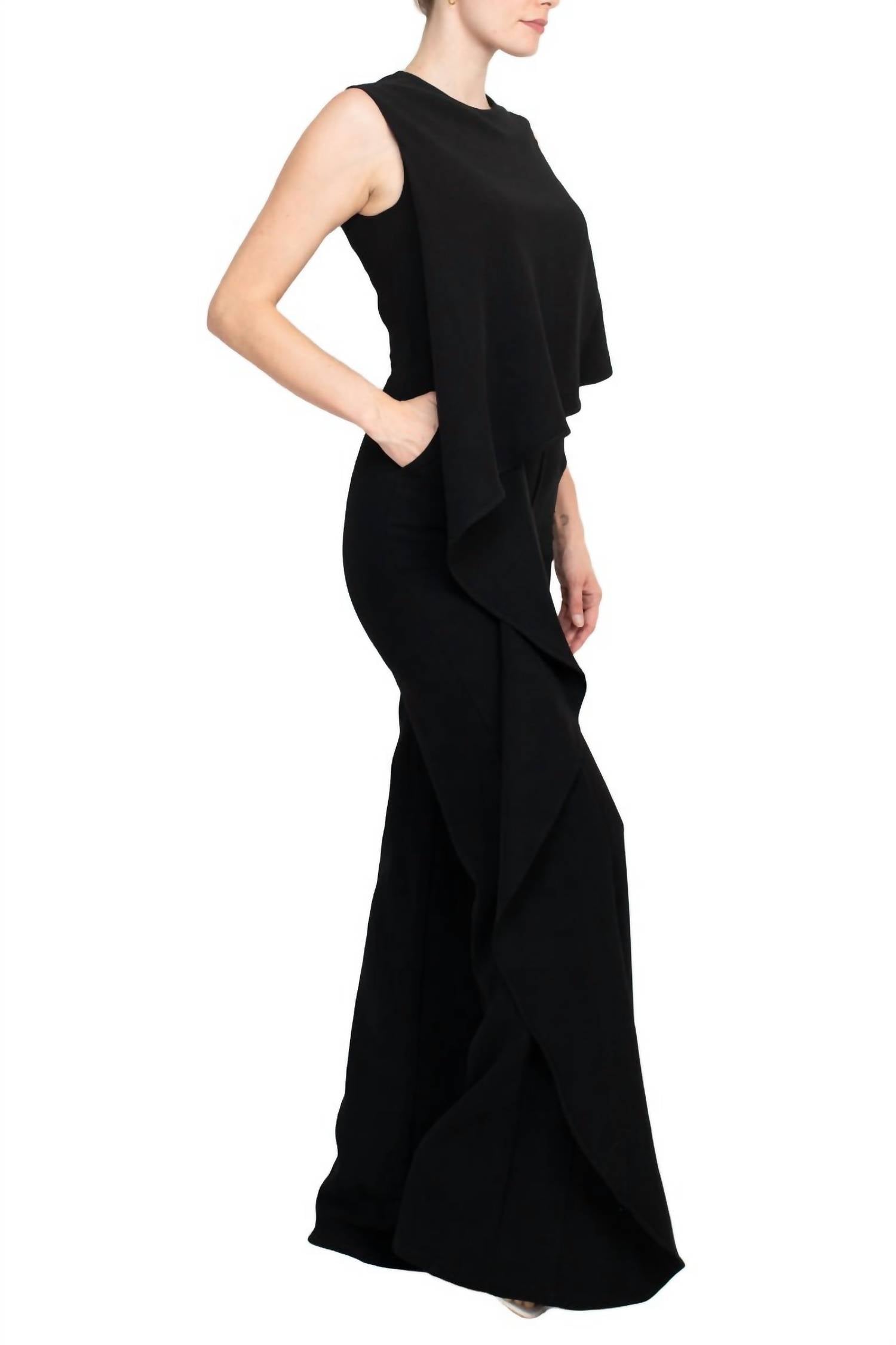 Jovani - Ruffle Trim Sleeveless High Waist One-piece Crepe Jumpsuit
