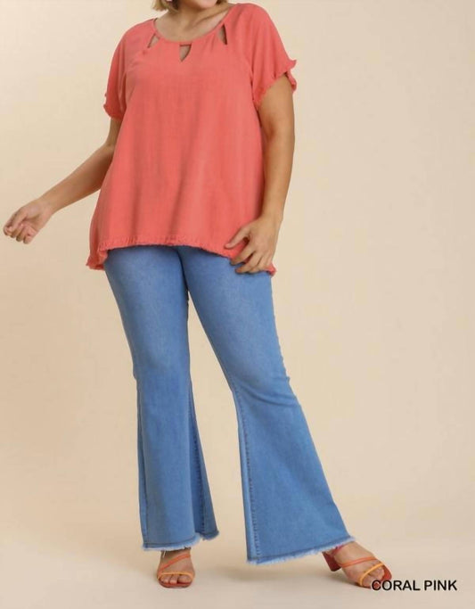 Linen Blend Cut Out Round Neckline Top